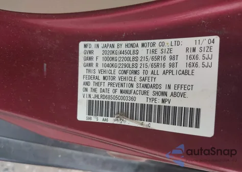 2005 Honda Cr-V Lx из США, поврежденный, VIN JHLRD68505C003360